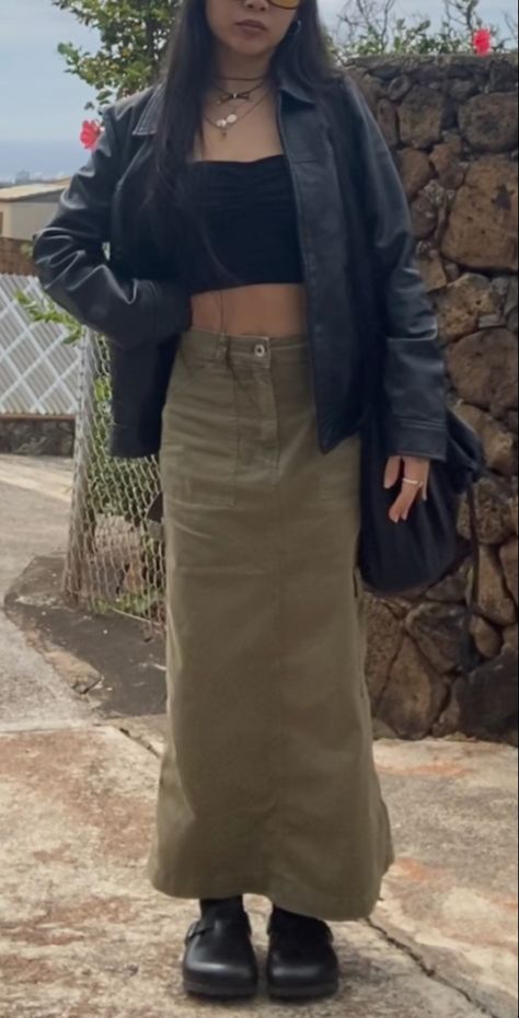 Army green cargo skirt outfit, black leather jacket, crossbody bag, birkenstock boston clogs styled, black boston clogs outfit, layered necklaces, layered jewelry, sunglassws, collored sunglasses, black tube top, ootd, day fit, rings, style inspo, spring fashion trends, spring 2023, thrifted outfit, thrifting inspo, thrifting, thrifted, trendy outfit, maxi skirt, midi skirt, long skirt Army Green Maxi Skirt Outfit, Green Cargo Maxi Skirt Outfit, Army Green Cargo Skirt, Green Cargo Maxi Skirt, Maxi Green Skirt Outfit, Dark Green Maxi Skirt Outfit, Army Green And Black Outfit, Long Cargo Skirt Outfit Y2k, Long Green Cargo Skirt Outfits