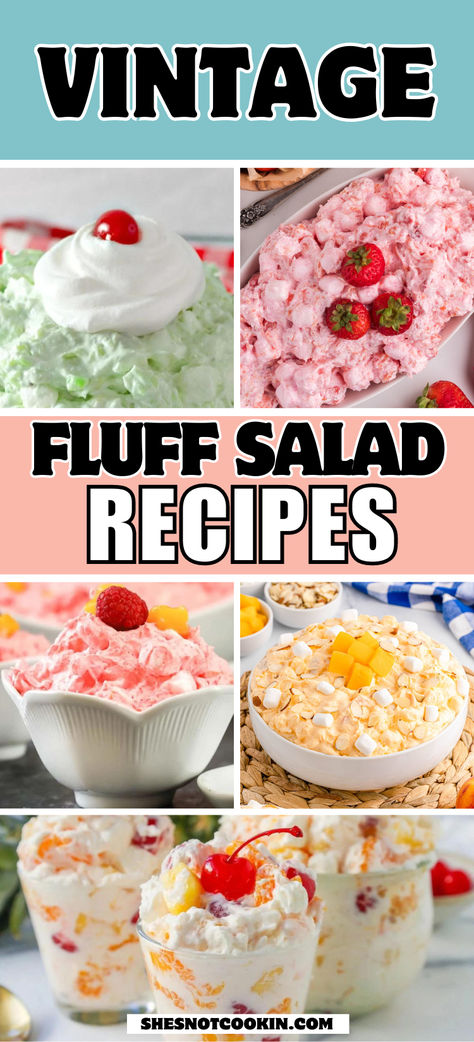 Jello fluff salads photo collage with text overlay. Fluff Dessert Recipes, Dessert Recipes Christmas, Fluff Salad Recipes, Fluff Salad, Fluff Recipe, Fluff Desserts, Jello Desserts, Dessert Aux Fruits, Jello Recipes