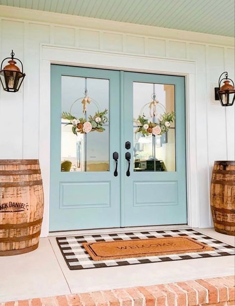 Tiffany Blue Doors Front Entrance, Beach House Front Door Entrance, Beach Front Door Colors, Mint Blue Front Door, Sea Foam Front Door, Colored Doors On White Houses, Light Teal Front Door, Aqua Front Door Paint Color, White House With Colored Door