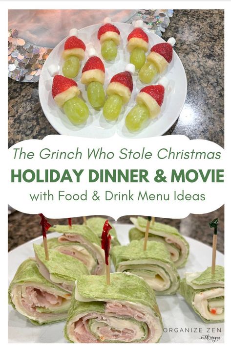 Happy Grinchmas! Here’s How to Plan a Holiday Themed Family Dinner and Movie Night with Creative Menu Ideas - The Grinch Who Stole Christmas. Make it the most festive Holiday Season with your kids by planning a Seuss Grinch movie family date night with fun food and drink ideas. #christmasbucketlist #grinch #seuss #dinnerandmovienight Cute Christmas Dinner Ideas, Grinch Date Night, Grinch Dinner Recipes, The Grinch Movie Party, Grinch Themed Christmas Dinner, Grinch Lunch Ideas For Kids, Grinch Foods For Kids, Kid Friendly Christmas Eve Dinner Ideas, The Grinch Themed Dinner