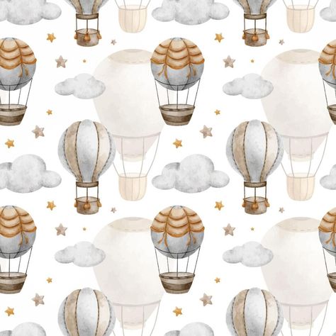 Hot Air Balloon with basket, clouds and stars. Watercolor seamless pattern. Cute baby background. For kid's goods, clothes, textile, postcards, baby shower, wallpaper and children's room Baby Shower Wallpaper, Textile Postcards, Shower Wallpaper, Hot Air Balloon Pattern, Stars Watercolor, Baby Background, Clouds And Stars, Balloon Background, Kids Bedroom Walls