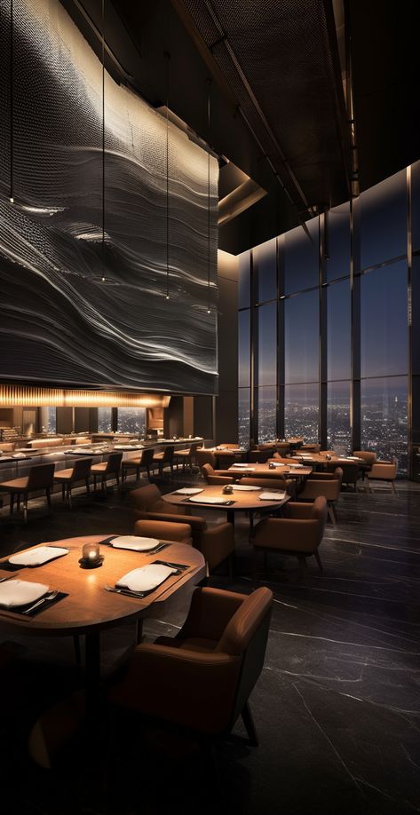 Mood Lighting Restaurant, Black Restaurant Interior, Luxury Restaurant Interior Fine Dining, Luxury Restaurant Interior Design Modern, Penthouse Restaurant, Restraunt Aesthetic, Dark Restaurant Aesthetic, Fine Dining Restaurant Interior Design, Luxury Restaurant Aesthetic