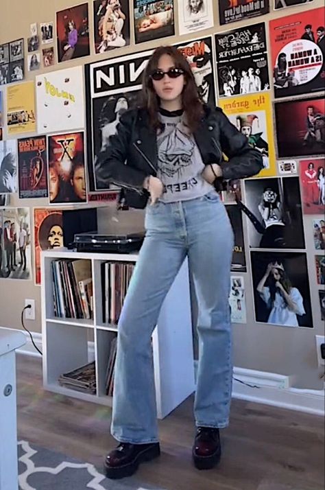 Womens 80s Rock Outfit, 70s Doc Martens Outfit, 70s Rock Inspired Outfits, 70 Rock Outfits Women, 80's Rock Fashion, 70s Denim Jacket Outfit, 80s Female Rock Stars, Retro Rocker Outfits, Grunge 70s Outfit