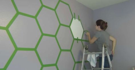 Frog Tape Wall, Draw A Hexagon, Geometric Wall Paint, Tape Wall, Ladies Room, Diy Wall Painting, Painting Video, Bedroom Wall Paint, Wall Drawing