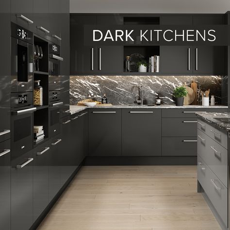 Graphite Kitchen, Grey Gloss Kitchen, Dark Kitchens, Black And Grey Kitchen, Replacement Kitchen Doors, High Gloss Kitchen, Dark Grey Kitchen, Grey Kitchen Designs, Gloss Kitchen