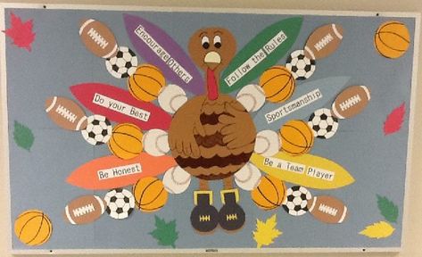 Positive Behavior Intervention and Supports Image Gym Class Bulletin Board, Thanksgiving Pe Bulletin Boards, Ball Bulletin Board Ideas, Fall Pe Bulletin Boards, P.e. Bulletin Board Ideas, Sports Bulletin Boards, Dr Seuss Bulletin Board, Pe Classroom, Physical Education Bulletin Boards