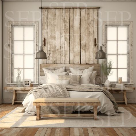 Farmhouse Bedroom Wall, Barn Bedrooms, Rustic Farmhouse Bedroom, Wall Art Mockup, Living Room Mantel, Art Mockup, Bedroom Bedding, Accent Wall Bedroom, Farmhouse Bedroom Decor