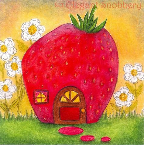 Little Strawberry House Strawberry House Illustration, Strawberry House Drawing, Digital Drawing For Beginners, Strawberry House, Strawberry Painting, Kids Canvas Art, Strawberry Art, 6th Grade Art, Mixed Media Art Canvas