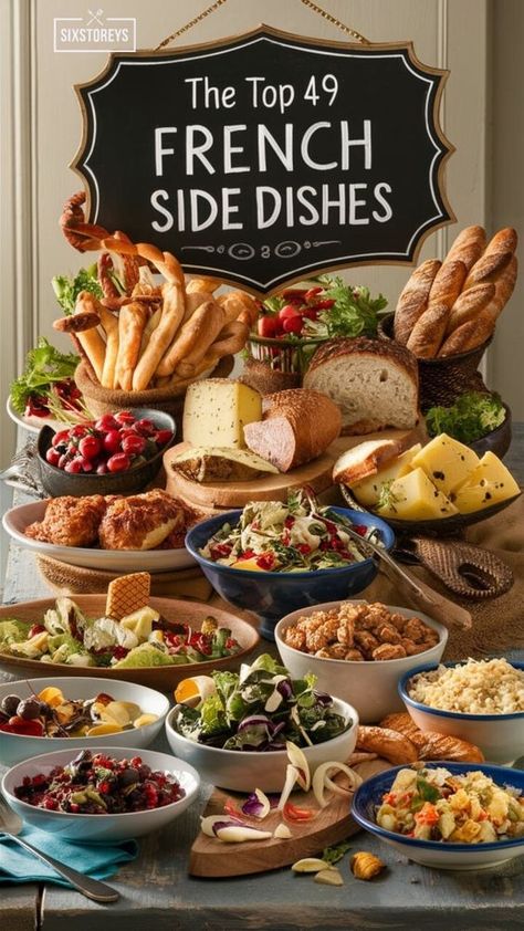 Healthy Side Dishes For Lunch, Beautiful Side Dishes, Side Dishes From Around The World, French Appetizers Party, French Vegetable Side Dishes, French Buffet Food, Easy French Dishes, French Seafood Recipes, French Side Dishes Traditional