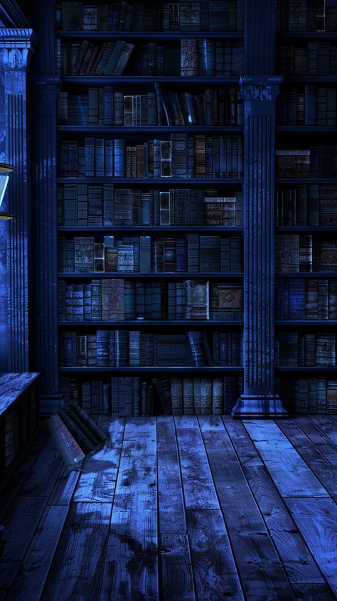 The scent of wood and ceiling shelving, the perfect attic library. #atticlibrary #floortoceiling #booklovers #books Book Library Wallpaper, Winter Library Aesthetic, Dark Blue Books Aesthetic, Reading Blue Aesthetic, Dark Blue Library Aesthetic, Library Blue Aesthetic, Blue Bookshelf Aesthetic, Night Library Aesthetic, Dark Blue Book Aesthetic