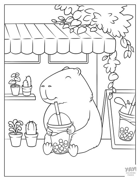 Capybara drinking boba at cafe. Yay Coloring Pages, Boba Coloring Page, Capybara Coloring Page, Free Printable Coloring Pages For Adults Easy, Coloring Book Art Free Printable, Coloring Pages Food, Funny Coloring Pages, Cute Coloring Pages For Kids, Cute Boba