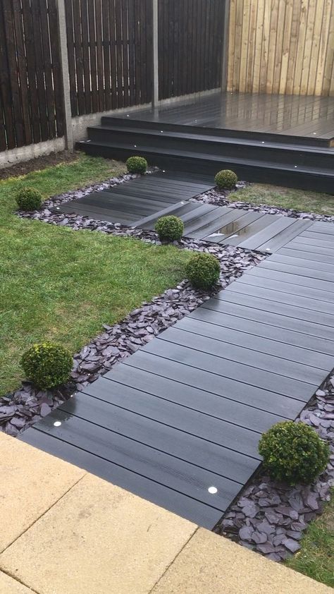 Graphite decking with lights and a slate border. #diydecks #deckdesign Outdoor Walkway, Back Garden Design, Desain Lanskap, Outdoor Gardens Design, Composite Decking, Small Garden Design, Backyard Patio Designs, Liquor Bottles, Back Garden