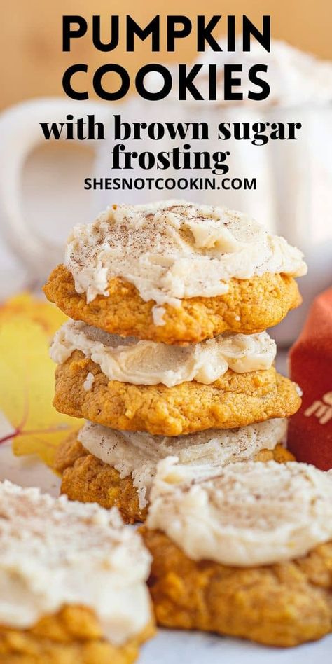 These lightly spiced Pumpkin Cookies with Brown Sugar Frosting are the perfect fall treat to bring to family gatherings and potlucks. Quick, easy and delicious! Pumpkin Drop Cookies, Cookies With Brown Sugar, Frosted Pumpkin Cookies, Iced Pumpkin Cookies, Brown Sugar Icing, Pumpkin Cookies Easy, Brown Sugar Frosting, Anise Cookies, Brown Sugar Cookies