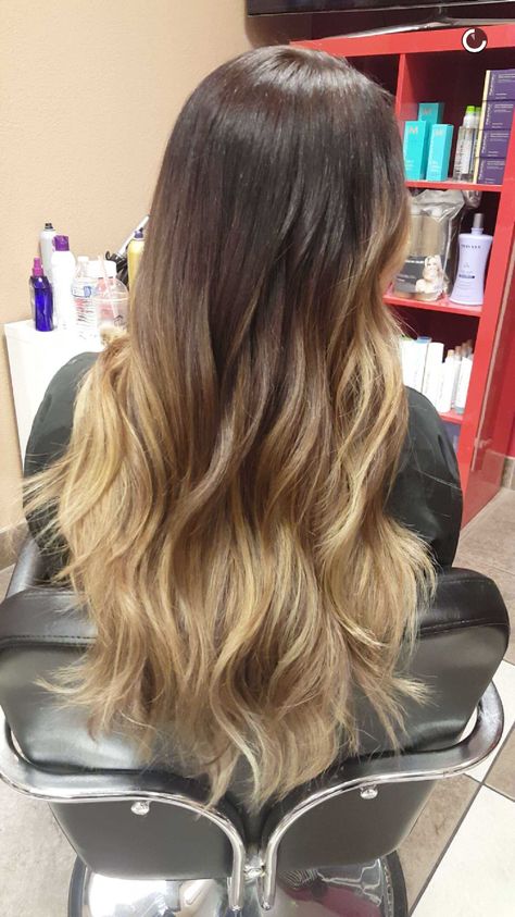 Dark brown to a golden blonde ombré. Done by Quyen at HQ Salon in Denver. Golden Ombre Hair Brunettes, Brown To Golden Blonde Ombre, Ombre Hair Dark Brown To Blonde, Color Fade Hair Brunette, Brown To Blonde Fade Hair, Brown Hair With Blonde At The Ends, Dark Brown Hair With Blonde Ombre, Blonde Ends On Brown Hair Dip Dye, Brown Fading Into Blonde Hair