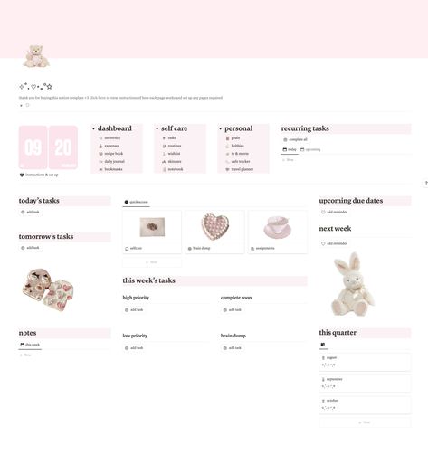 Improve your productivity and never forget anything ever again by having a central place to organise your life! Includes, assignment tracker, habit tracker, goal tracker, meal planner, recipe book, task tracker, skincare tracker, wishlist tracker, student planner, expense tracker, daily journal, notebook, bookmarks, hobby tracker, travel planner   more adhd friendly, adhd planner, pink aesthetic, coquette aesthetic, hello kitty, pastel, soft pink, romantic Hobby Tracker, Wishlist Tracker, Notion Dashboard Template, Hello Kitty Pastel, Skincare Tracker, Pink Aesthetic Coquette, Assignment Tracker, Notion Inspo, Notion Ideas