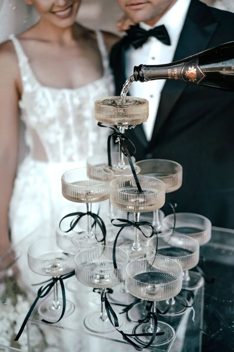 Clear Ribbed Champagne Tower & Tray Set - 30pc - The Pretty Prop Shop - Auckland Wedding and Event Hire Bachelorette Champagne Tower, Champagne Tower Engagement Party, Martini Tower Wedding, Champagne Coupe Tower, Small Champagne Tower, Champagne Tower Aesthetic, Champagne Glass Tower, Bachelorette Champagne, Champagne Tower Wedding