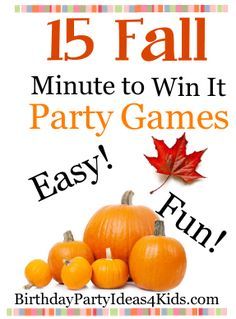 15 Fun, Easy and CHEAP Fall theme Minute to Win it style party games for kids, tweens and teens.   Great games that use household items for lots of Fall / Autumn fun!   Great for kids ages 5, 6, 7, 8, 9, 10, 11, 12, 13, 14, 15, 16, 17 years old ... and adults too!  15 FALL Minute to Win It Games - Easy, cheap, lots of fun! http://www.birthdaypartyideas4kids.com/fall-minute-to-win-it-games.html Harvest Party Games, Thanksgiving Games For Adults, Fall Party Games, Fall Festival Games, Thanksgiving Games For Kids, Party Games For Kids, Fall Harvest Party, Festival Games, Fall Games