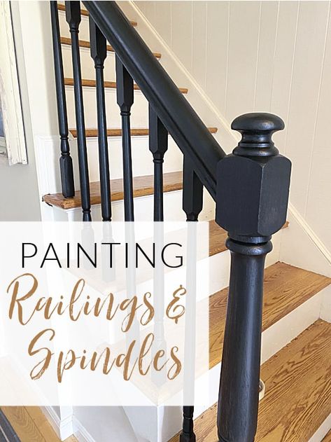 Black Painted Handrail, Two Tone Railing Stairs, Painting A Staircase Railing, Black Painted Banister Stairways, Painting Stair Railing Black, Banister And Railing Makeover, Navy Blue Stair Railing, How To Paint Railings Stairways, Banisters And Railings Makeover Paint