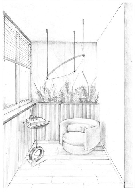 Sketches Of Interior Spaces, Balcony Design Drawing, Interior Design Room Sketch, Interior Space Sketch, Balcony Sketch Drawing, Room Sketches Interior, Interior Sketch Perspective, Interior Design Sketches Perspective, Balcony Sketch