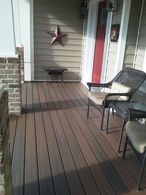 Deck Tiles Over Concrete Porch Front Porch With Composite Decking, Front Porch Trex Decking, Composite Deck Front Porch, Front Porch Deck Stain Ideas, Trex Deck Front Porch Ideas, Wood Porch Floor Paint Colors, Outdoor Porch Flooring Ideas, Trex Porch Ideas, Composite Porch Ideas