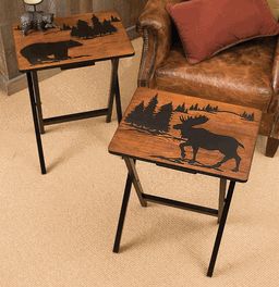 Foldable Side Table, Tv Tray Set, Mountain Cabin Decor, Log Cabin Furniture, Moose Decor, Tray Tables, Side Table Set, Cabin Furniture, Black Forest Decor