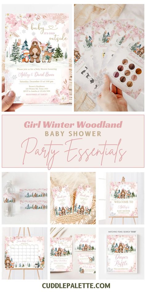 Indulge your guests in a winter wonderland with our Pink Winter Woodland Baby Shower Party Essentials. Look through our curated collection of baby shower invitations. party decorations. and games designed for a magical celebration. Click through and start planning! Pink Wonderland Baby Shower Ideas, Woodland Girl Baby Shower Theme, Girl Baby Shower Ideas Winter, Woodland Theme Baby Shower Girl, Winter Baby Shower Ideas For A Girl, Woodland Baby Shower Theme Girl, Winter Woodland Baby Shower Ideas, Woodland Baby Shower Girl, January Baby Shower