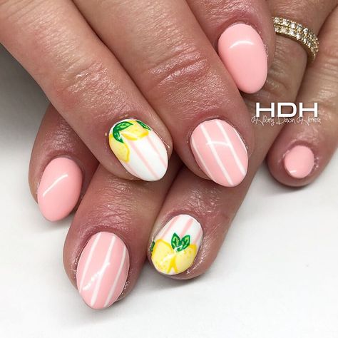 Pink Lemon Nails, Amalfi Coast Nails, Lemon Nails Designs, Vacation Toes, Coast Nails, Lemonade Nails, Citrus Nails, Gel Polish Art, Bio Gel Nails