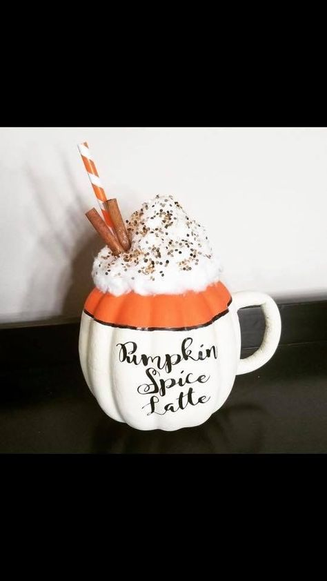 Pumpkin Spice Pumpkin Decorating, Cute Painted Halloween Pumpkins, Oval Pumpkin Painting Ideas, Coffee Pumpkin Decorating, Starbucks Pumpkin Painting, Pumpkin Spice Latte Pumpkin Painting, Coffee Pumpkin Painting, Disney Pumpkin Decorating Ideas, Coffee Pumpkin Carving