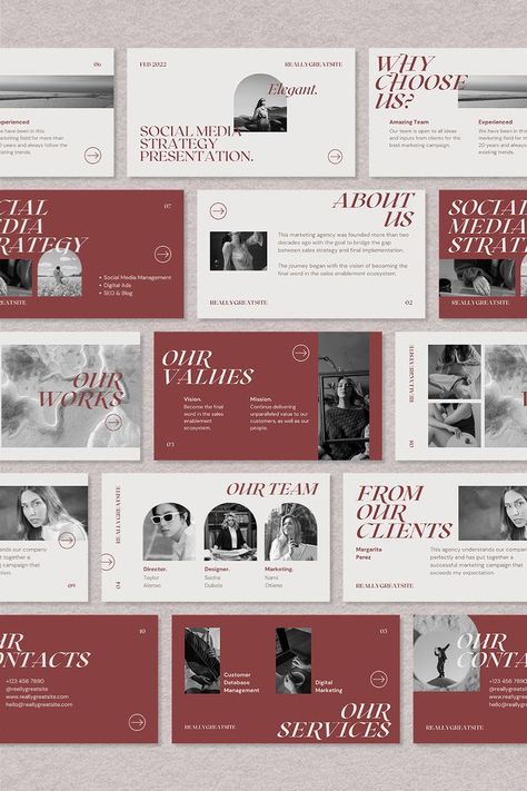 Presentation Design Elegant, White Presentation Design, Social Media Strategy Presentation, Red Presentation Design, Powerpoint Presentation Aesthetic, Elegant Presentation Design, Simple Presentation Design, Red Powerpoint Template, Canva Presentation Ideas