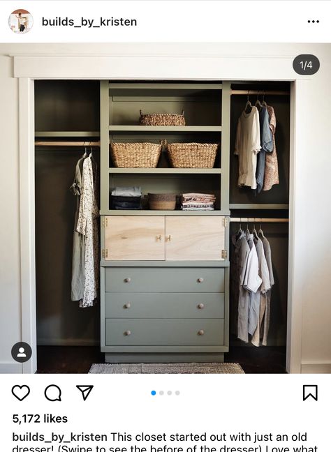 Bedroom Closet Built Ins Diy, Kids Open Closet Ideas, Small Dresser In Closet, Primary Closet Organization, Dressers In Closets, Closet Built In Dresser, Built In Dresser In Closet, Open Concept Closet In Bedroom, Closet With Built In Dresser