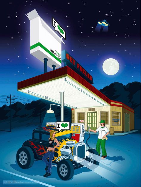 Gas Station Drawing, Gas Station Illustration, Station Drawing, Cool Vehicles, Desert Drawing, Scenery Illustration, Illustration Studio, Tiki Art, Isometric Illustration