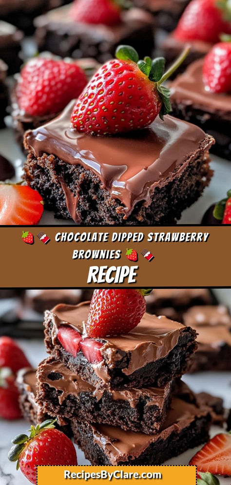 These Chocolate Strawberry Brownies feature a rich, fudgy brownie base and chocolate-dipped strawberries on top. A perfect dessert for a special occasion or any time you want to treat yourself! 🍓🍫

Ingredients:

1/2 cup unsalted butter
1 cup semi-sweet chocolate chips
Fresh strawberries, dipped in chocolate
Top with sprinkles or nuts for extra decoration and enjoy! Strawberries Dipped In Chocolate, Fruit And Chocolate, Strawberry Brownies, Dipped Strawberries, Fudgy Brownie, Dipped In Chocolate, Brownie Toppings, Chocolate Dipped Strawberries, Brownies Recipe Easy