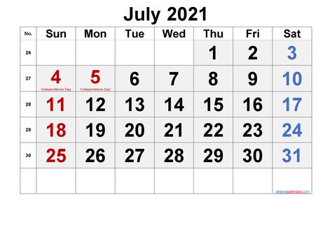 Download free printable July 2021 calendar with holidays in a variety of different formats and colors. The printable calendar are available as Microsoft Word (2007 or later) PDF or Image files that easy to print. Free Printable July 2021 Calendar Printable Calendar Features Calendar: Free Printable July 2021 Calendar Calendar of the Year: 2021 Paper Orientation: Landscape First day of the Week: Sunday First U.S. edition with U.S. federal holidays and observances Print Paper: A3, A4 Supported Fil Calendar With Week Numbers, June Calendar Printable, Calendar October, Calendar With Holidays, Calendar Examples, July Calendar, Unique Calendar, Monthly Calendar Template, Calendar 2022