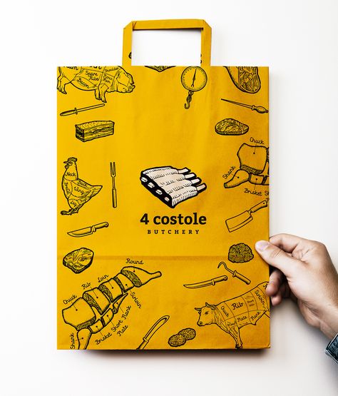 Branding and identity for butcher shop Restaurant Bags Design, Food Paper Bag Design, Shopping Bag Design Packaging, Paper Bag Design Branding, Food Bag Design, Butcher Branding, Bakery Cafe Logo, Shopping Bag Design, Food Logo Design Inspiration