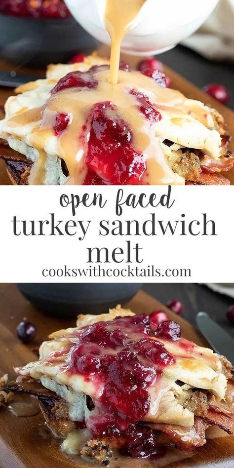 Open faced turkey sandwich melt with sweet cranberry sauce, bacon, turkey stuffing, and left over turkey all under a thick slice of melted cheese and smothered in turkey gravy.  It's like a turkey dinner in every bite!  Our turkey melts are the best way to use up leftover turkey!  Our family looks forward to the turkey melts every bit as much as the turkey dinner. #cookswithcocktails #turkeysandwich #sandwich #turkeymelt Open Faced Turkey Sandwich, Sandwiches Board, Turkey Melts, Sandwich Melt, Amazing Sandwiches, Sandwiches For Dinner, 2024 Holidays, Bacon Turkey, Sandwich Melts