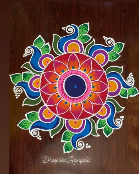 Goverdhan Puja Rangoli, Small Rangoli Design With Colours, Paint Muggulu On Floor, Rangoli Muggulu Designs, Everyday Rangoli Designs, Mugulu Designs Latest With Colours, Scenery Rangoli For Diwali, Simple Flower Design Rangoli, Rangoli Designs With Paint