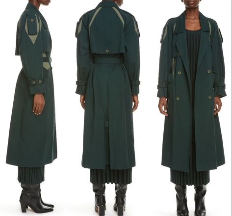 KENZO Bi-Colour Belted Long Trench Coat Trench Coat Pine Overcoat Jacket Brand new with all tags - Item Number : FA62MA0369CU  Size : FR40 - INT MEDIUM - IT44 - US8 - UK10  Tonal green cotton bi-colour belted trench coat from KENZO featuring double-breasted button fastening, long raglan sleeves, two front patch pockets, central rear vent, straight hem, oversized collar, buttoned gun flap, shoulder epaulettes, buttoned cuffs, buttoned storm flap , partial lining and long length.Every wardrobe needs a trench coat and this bi-colour design from Kenzo is top of our new season wishlist. It has been fabricated from cotton and detailed with tonal green panelling. What could be better than that. Composition : Outer: Cotton 100% - Lining: Cotton 100% Washing instructions: Dry Clean Only Designer St Storm Flap Trench Coat, Outfits With Long Jackets, Jacket Tied Around Waist Drawing, Coat Over Shoulders, Long Trench Coat Outfit, Green Panelling, Trench Coat Street Style, Long Green Coat, Big Coat