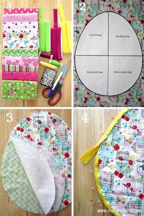 How To Sew Easter Egg Placemat | These Easter egg placemat tutorials are easy to follow and fun to do for Easter sewing project ideas, and you can do it in one afternoon. #eastereggplacemat #eastereggplacematpattern #eastersewingproject #fatquartercrafts #sewingcraftforkids #springseasonproject #ovalplacemattutorials #easyquiltproject #eastercraft #easterdecoration for full tutorials on www.craftyforhome.com Fat Quarter Sewing Projects, Diy Osterschmuck, Easter Placemats, Easter Table Runners, Diy Ostern, Placemats Patterns, Beginner Sewing Projects Easy, Easter Projects, Sewing Projects For Beginners