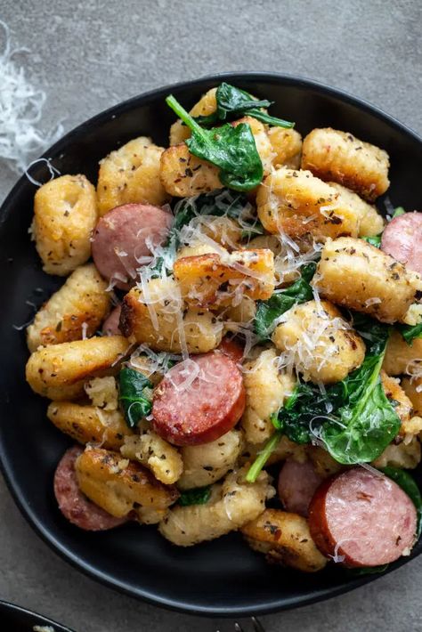 Pan-Fried Gnocchi With Spinach and Sausage - A Red Spatula Italian Sausage And Gnocchi Recipes, Kielbasa Gnocchi, Sausage And Bacon Recipes, Gnocchi And Chicken Sausage, Bacon Gnocchi, Gnocchi With Sausage, Gnocchi With Spinach, Fried Gnocchi, Pan Fried Gnocchi