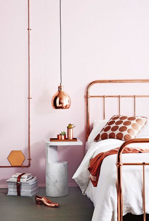 Pink, grey and rose gold interior design ideas for 2018 | Diane Penelope | Beauty + Design Pink And Copper Bedroom, Copper Bedroom Decor, Copper Bed, Copper Bedroom, Rose Gold Bedroom, Interior Design Color Schemes, Pink Bedroom Design, Pink Bedroom Decor, Gold Bedroom