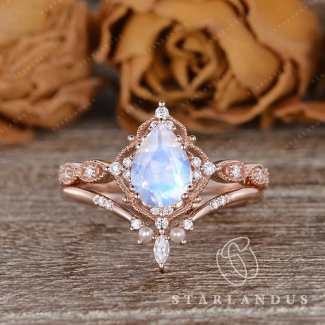 Unique Moonstone Engagement Ring Boho Pearl Bridal Set 2pcs - Etsy Engagement Ring Boho, Future Engagement Rings, Moonstone Engagement, Moonstone Engagement Ring, Full Eternity Ring, Rings Rings, Pearl Bridal, Engagement Rings Opal, Dream Engagement Rings