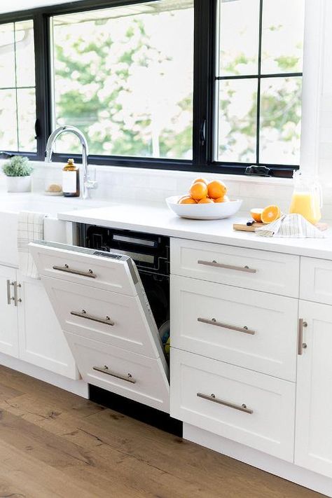 Natural Oak Kitchen, Flat Front Cabinets, Panel Ready Refrigerator, Over Kitchen Sink, White Wood Paneling, Small White Kitchens, Happy Labour Day, Modern Black Kitchen, Kitchen 2021