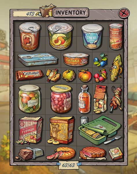 Game Items Design, Video Game Food Art, Game Inventory Design, Inventory Illustration, Video Game Inventory, Game Inventory Ui, Pixel Art Items, Inventory Art, Game Inventory