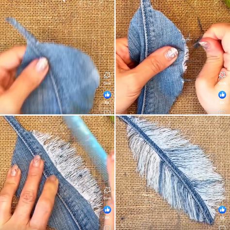 Tas Denim, Fabric Feather, Diy Sy, Fabric Feathers, Denim Crafts Diy, Folded Fabric, Blue Jeans Crafts, Denim Jewelry, Jean Crafts