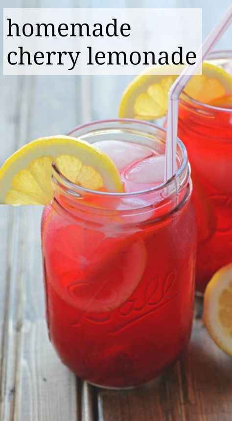 Pink lemonade from scratch made with real fruit: just crushed cherries and lemon juice. Cherry lemonade, but could be cherry limeade too! #limeade #lemonade #pinklemonade #cherrylemonade Vegan Supper, Healthy Lemonade, Homemade Lemonade Recipes, Cherry Lemonade, Blueberry Lemonade, Drink Recipes Nonalcoholic, Dessert For Two, Refreshing Summer Drinks, Homemade Lemonade