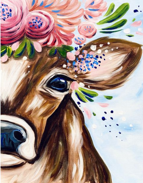 Spring Cow Step-by-Step | wendyanderson.art Whimsical Pig Painting, Sip And Paint Step By Step, How To Paint A Cow Face Step By Step, Farm Animal Paintings Easy Step By Step, Easter Paint Night Ideas, Cow Art Painting, Paint And Sip Picture Ideas, Cow Painting Step By Step, Highland Cow Drawing Easy Step By Step