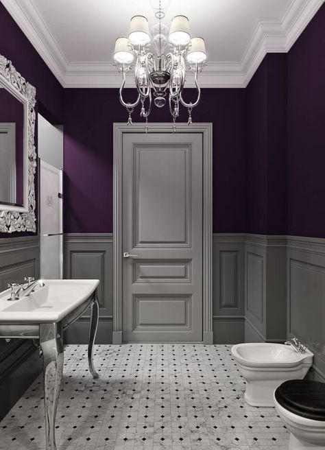 Purple Bathroom Decor, Gray Bathroom Decor, Bathroom Accent Wall, Silver Bathroom, Purple Bathrooms, Bathroom Paint Colors, Bathroom Decor Ideas Colors, Purple Paint, Bathroom Color