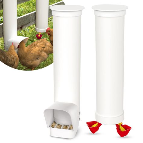 PRICES MAY VARY. No Waste Chicken Feeder & Waterer: Save time and money with less wastage and clean water. Large PVC pipe requires less refilling, and feeder only dispenses what your chickens need. Animal-Proof Chicken Feeder & Twin Waterer Set: Ensure that only your animals are fed with gravity-fed design and valve-operated dispenser cups. Rain cover protects against weather. Easy to Use: Product is easy to fill and clean, with valve-operated drinker cup for fresh water. Easy to Install: Hook o Hanging Chicken Feeder, Backyard Chickens Diy, Chicken Coop Designs Diy, Chicken Coop Accessories, Coop Accessories, Small Chicken Coops, Clean Chicken, Chicken Waterer, Backyard Chicken Coop Plans