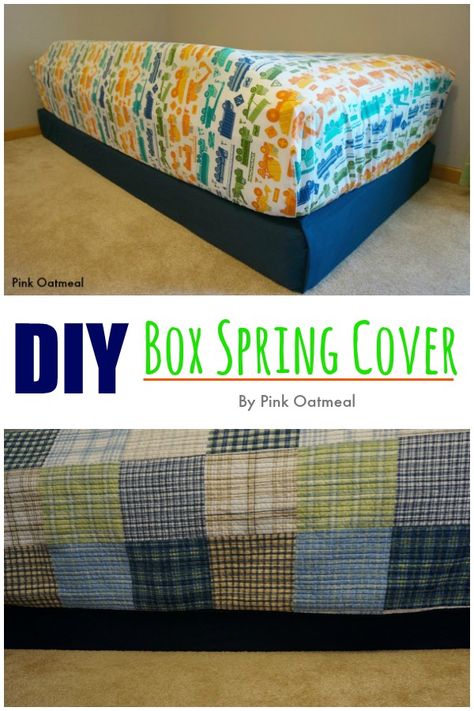 DIY Box Spring Cover - Pink Oatmeal   I Love this simple way to cover up an ugly box spring.  I was looking for something for my toddlers bed! Diy Box Spring, West Elm Diy, Wraps Ideas, Pink Oatmeal, Perlengkapan Bayi Diy, Christmas Cookies Packaging, Baseball Bedroom, Bed Wrap, Box Spring Cover