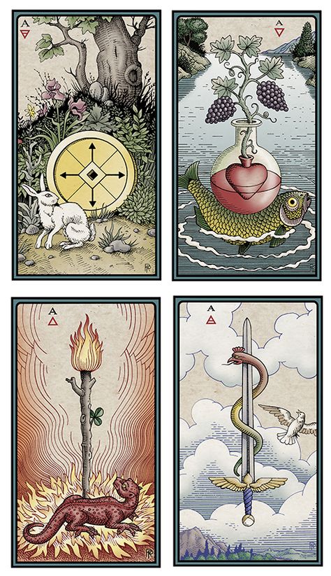 Aces. "The Alchemical Tarot Renewed Four" by Robert Place (4th edition. Reprint… Alchemical Tarot, Arte Hippy, Scrapbook Prints, Tarot Decks Art, Tattooed Woman, Witch Crafts, Alchemic Symbols, Astrology Tarot, Divination Cards